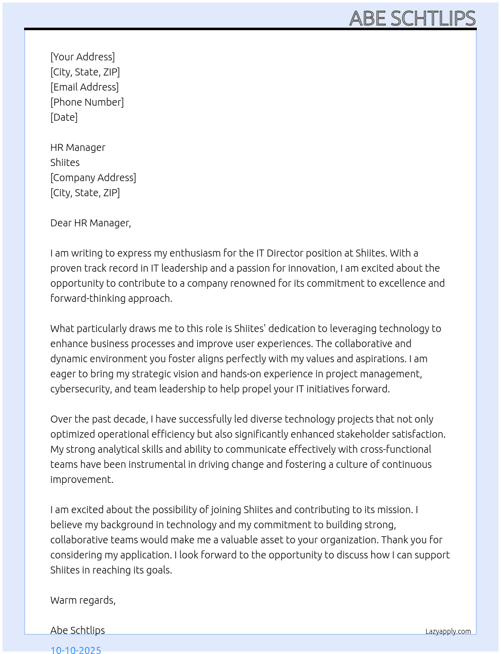 it director At Shiites Cover Letter