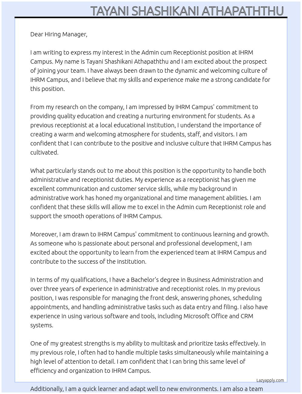 Admin cums receptionist  At IHRM campus  Cover Letter