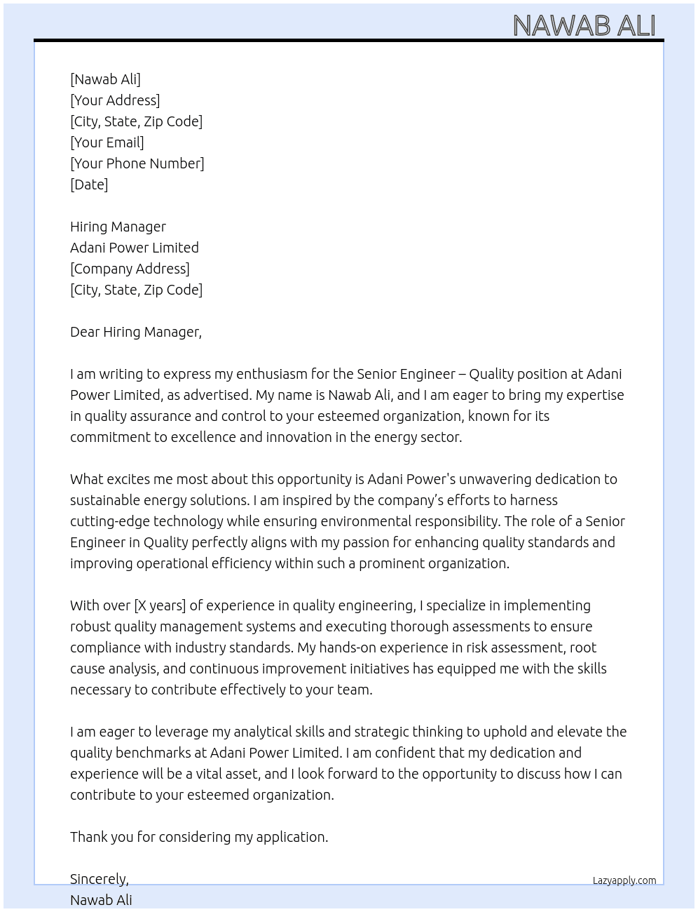Quality  At Adani Power Limited  Cover Letter