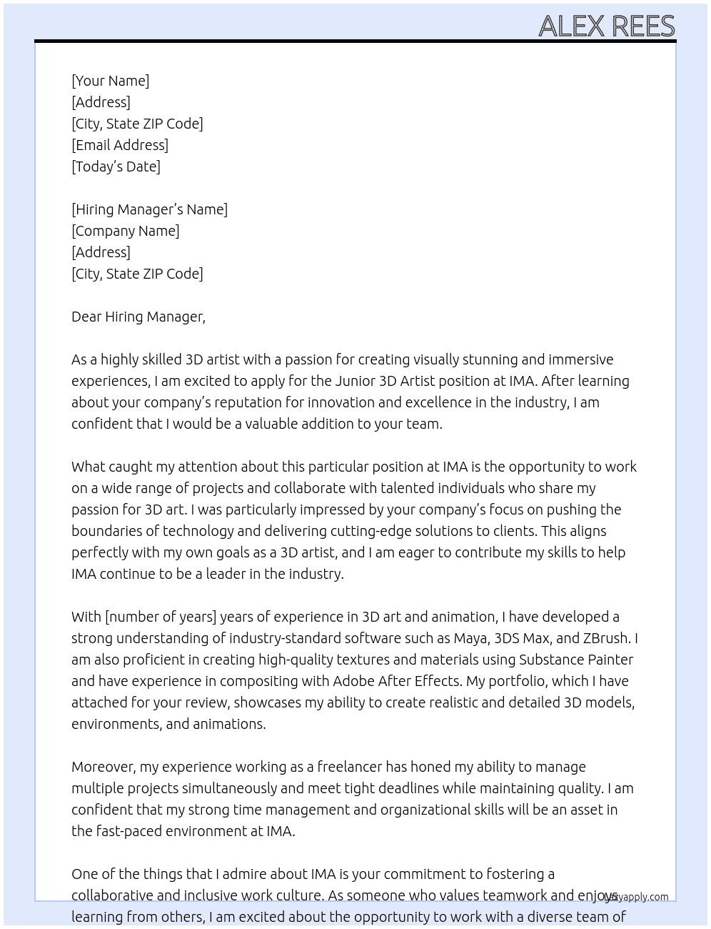 junior 3d artist At  IMA Cover Letter