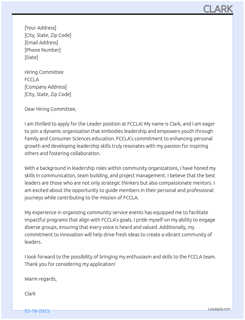 Leader At FCCLA Cover Letter