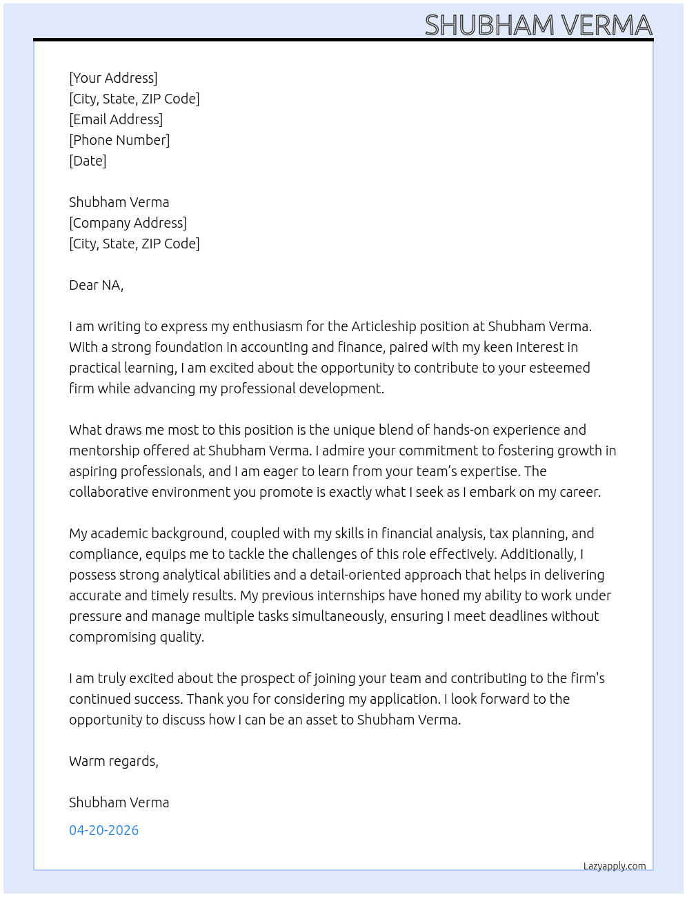 Aritcalship At Shubham Verma Cover Letter