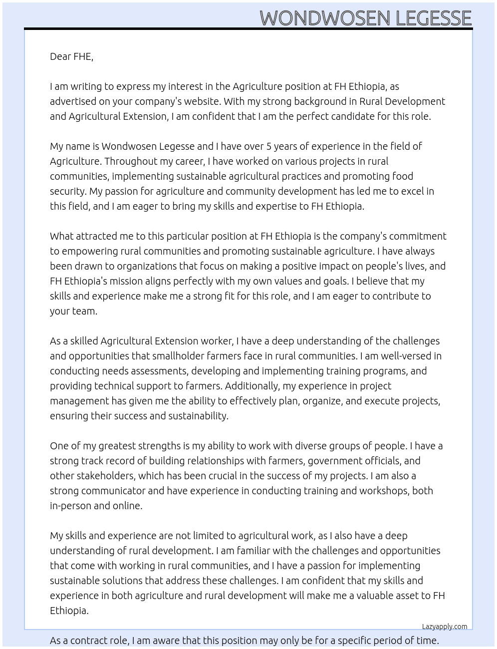 Agriculture  At FH Ethiopia  Cover Letter