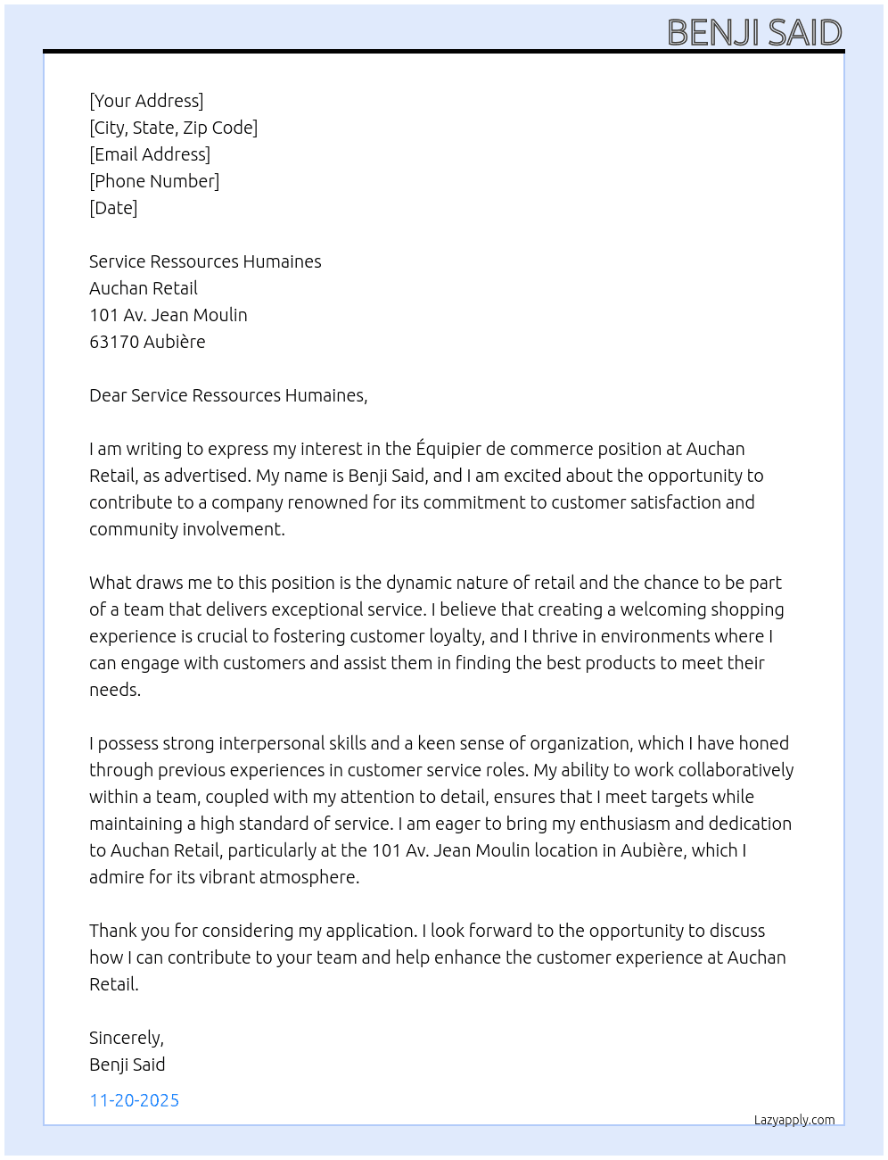 Équipier de commerce  At Auchan Retail  Cover Letter