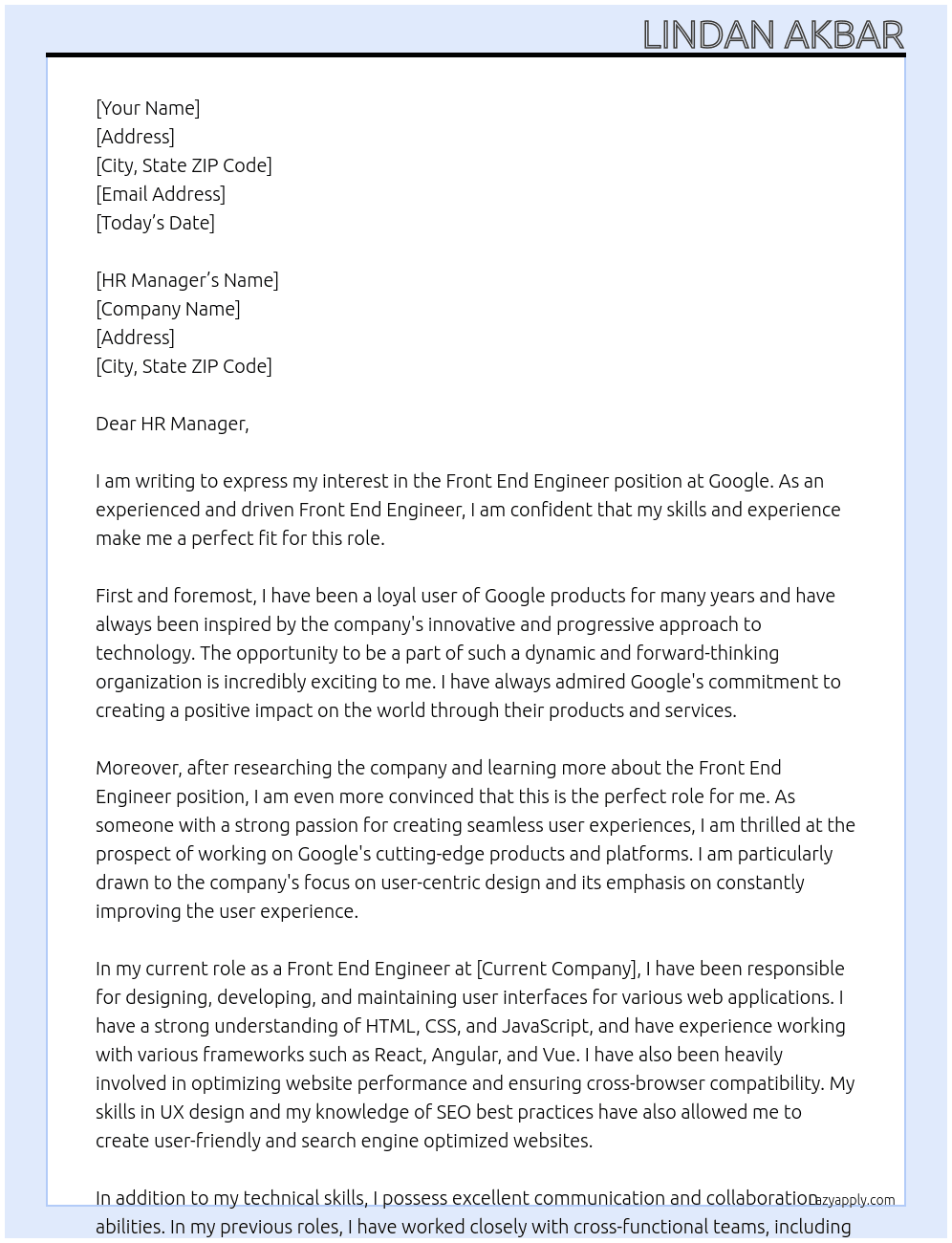 Front End Engineer At Google Cover Letter