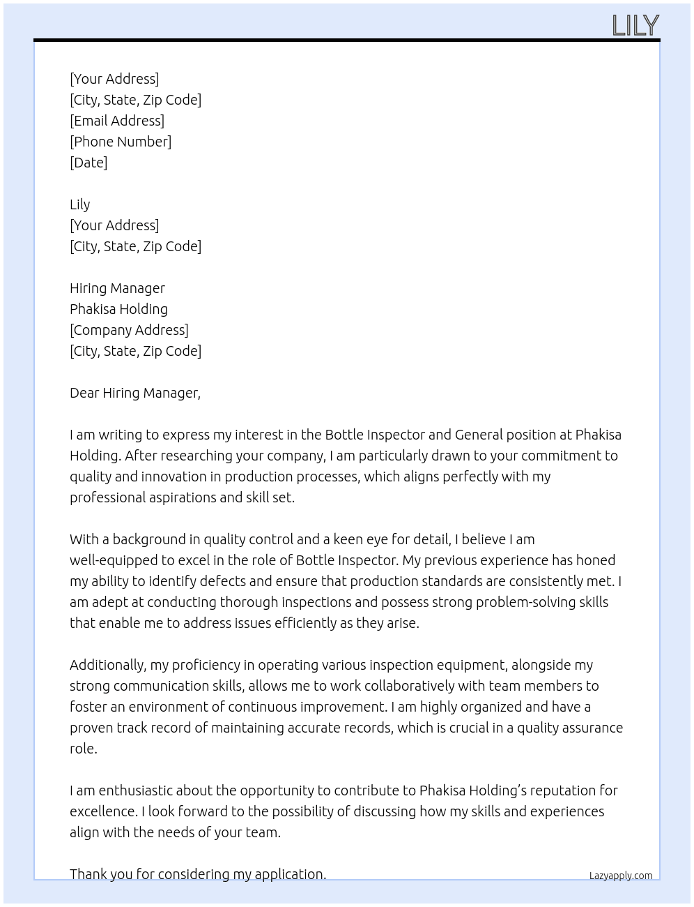 Bottle inspetor and genaral At phakisa holding Cover Letter