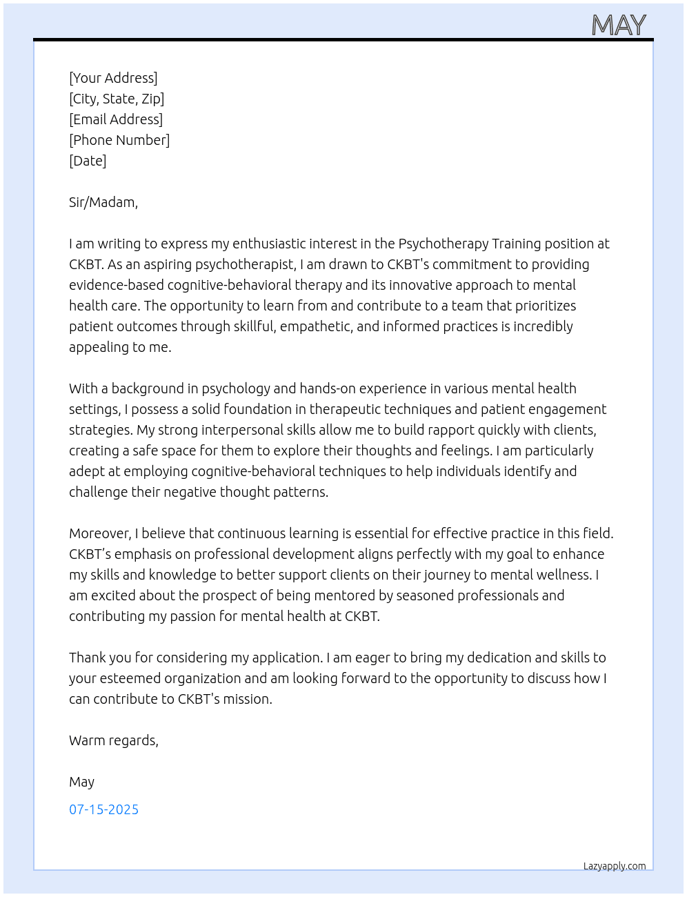 Paychotherapy training At CKBT Cover Letter