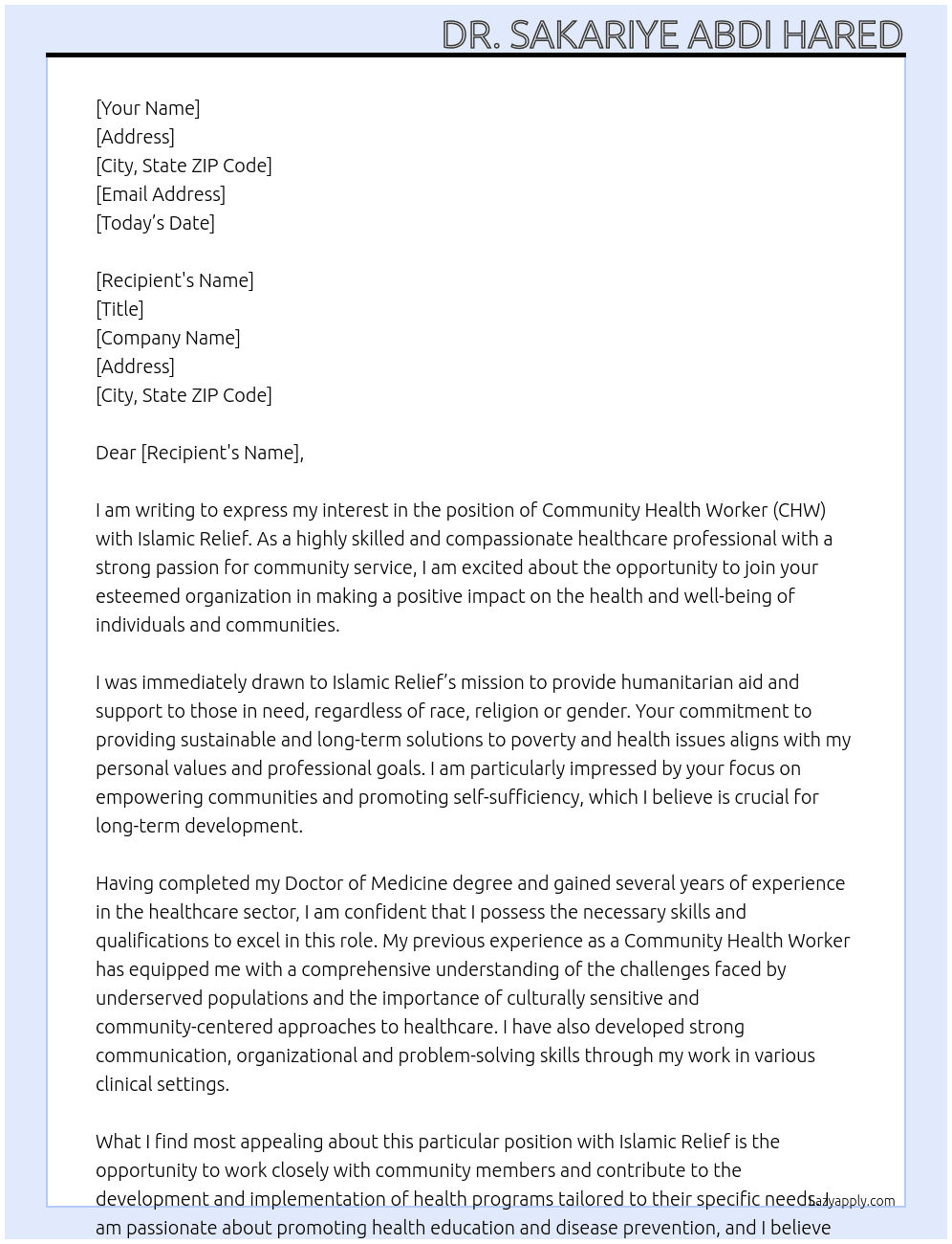 Community Health Worker (CHW) At Islamic Relief Cover Letter