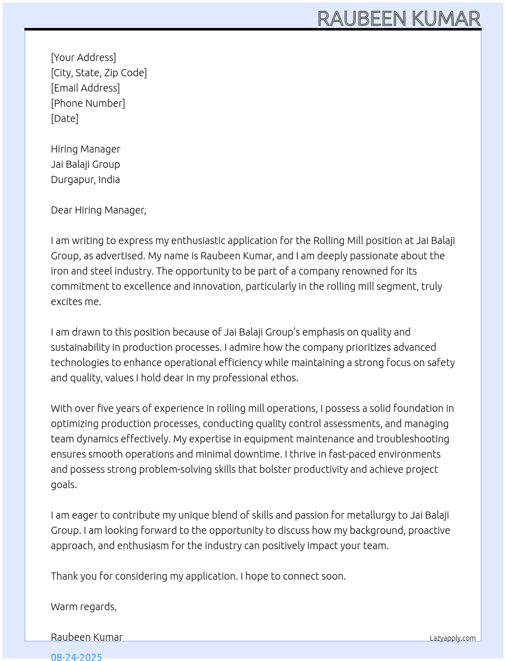 Rolling Mill At  Jai Balaji Group Durgapur India Cover Letter