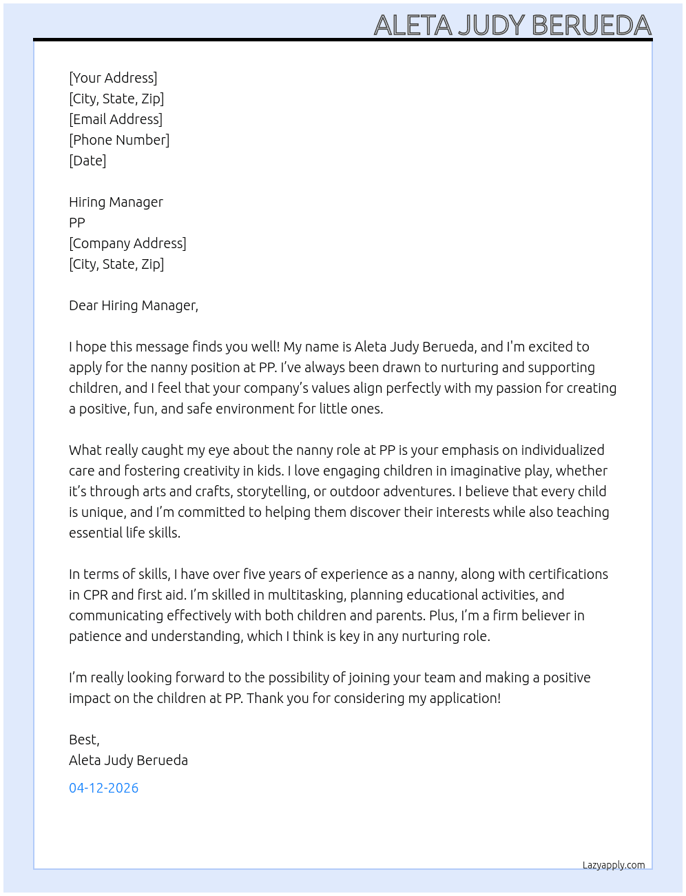 nanny At pp Cover Letter