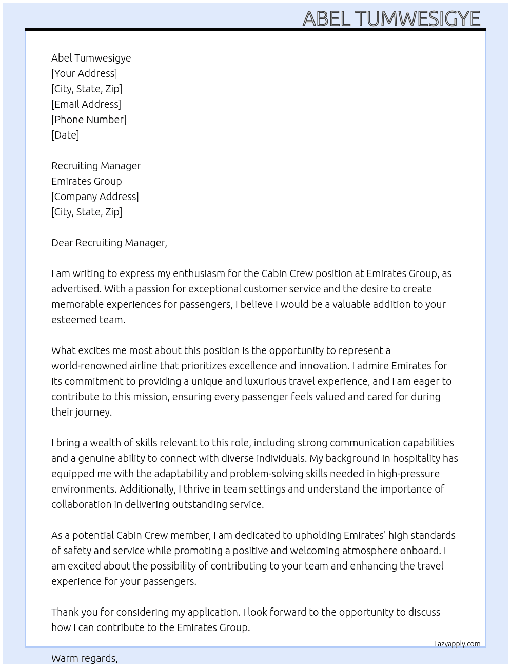 Cabin Crew  At Emirates group  Cover Letter