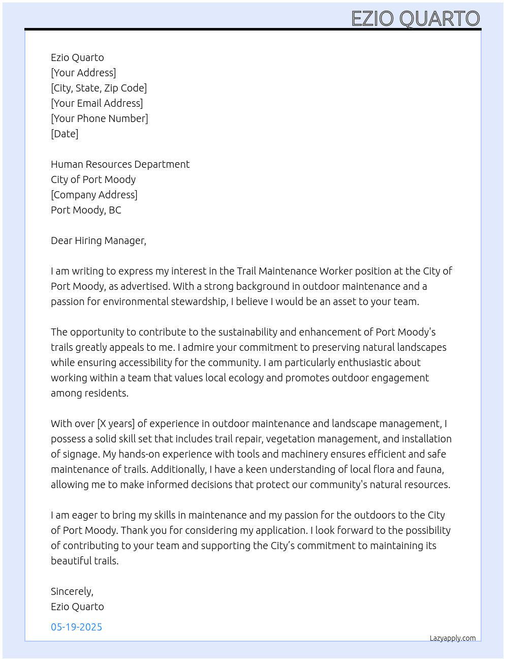 trail maintenance worker At city of port moody Cover Letter