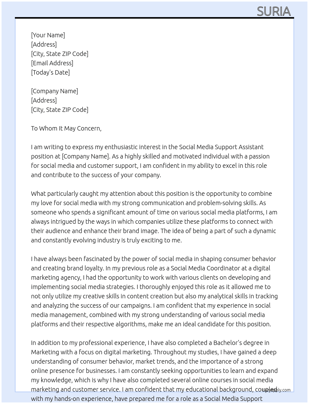 Cover letter for social media support assistant - LazyApply