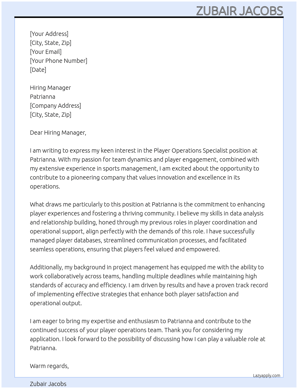 Player operations specialist  At Patrianna Cover Letter
