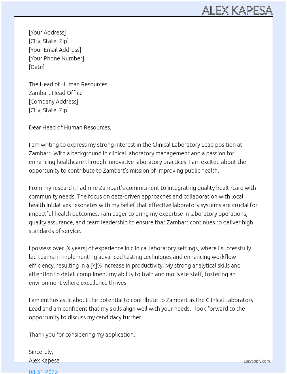 Clinical Laboratory Lead At ZAMBART Cover Letter