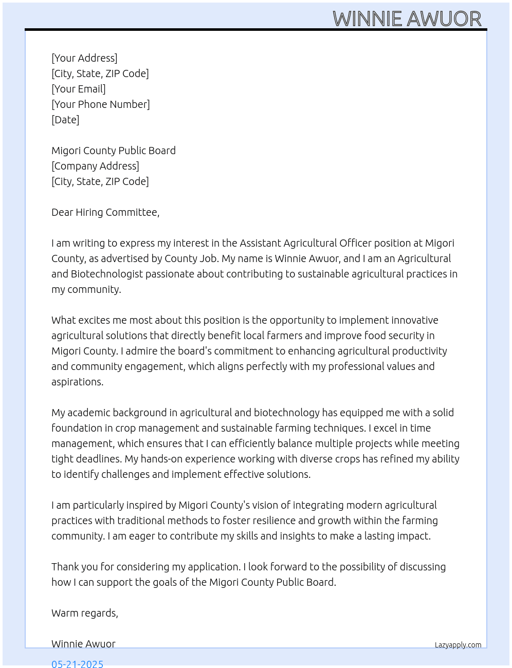 Assistant agricultural officer  At County job Cover Letter