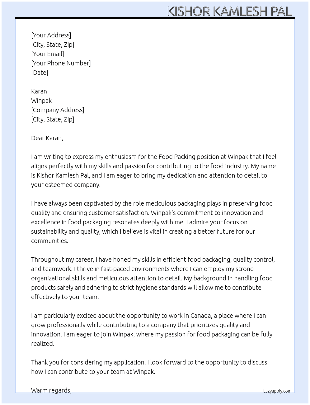 Food packing At Winpak  Cover Letter