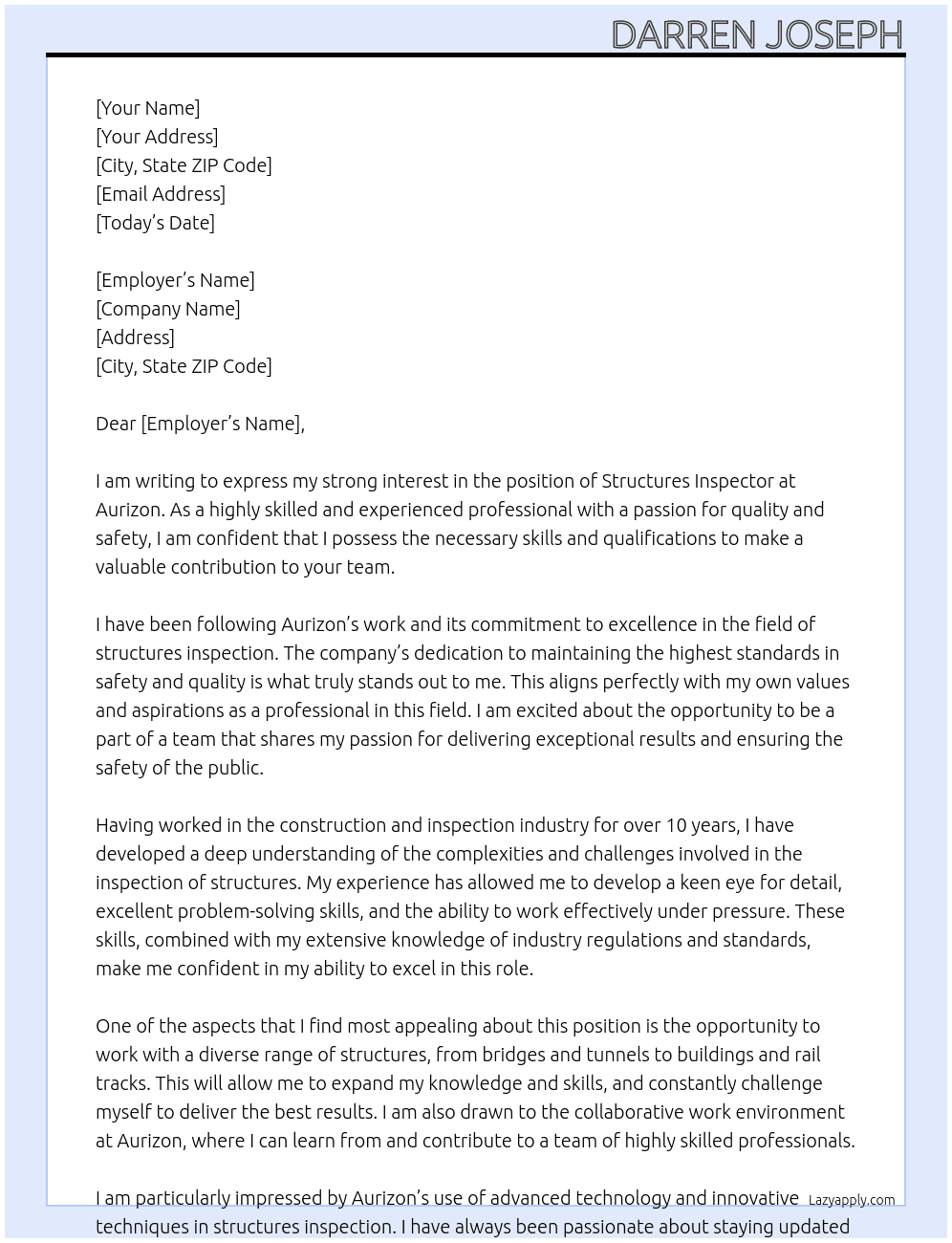 Structures Inspector At Aurizon Cover Letter