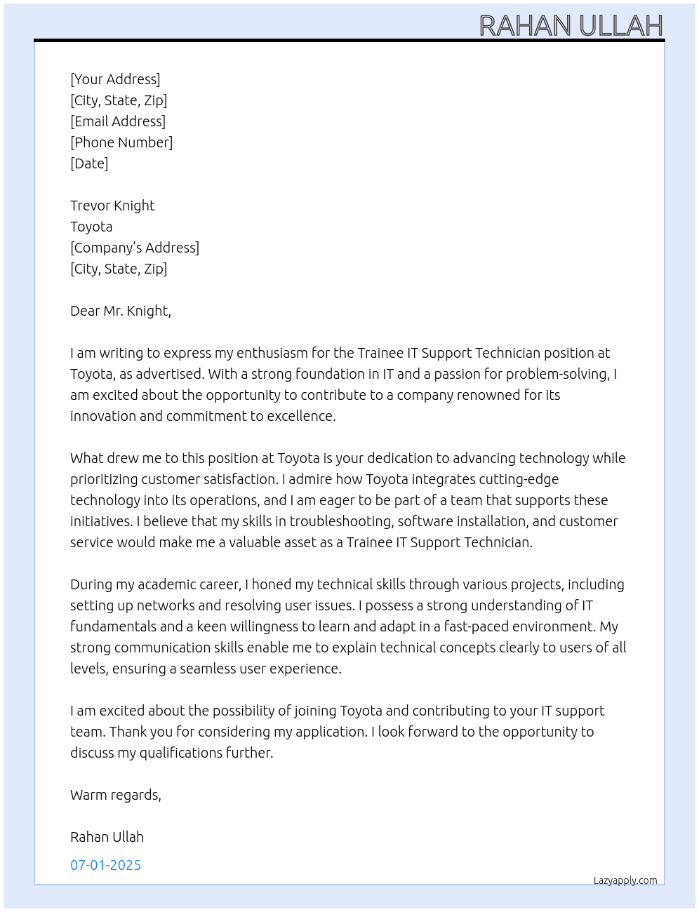 Cover letter for trainee it support technician - LazyApply