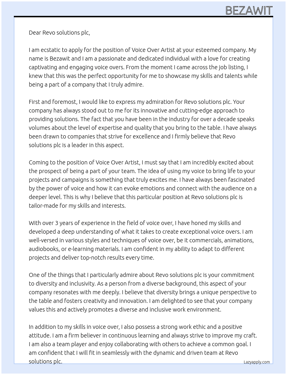 Voice Over Artist  At Revo solutions plc  Cover Letter
