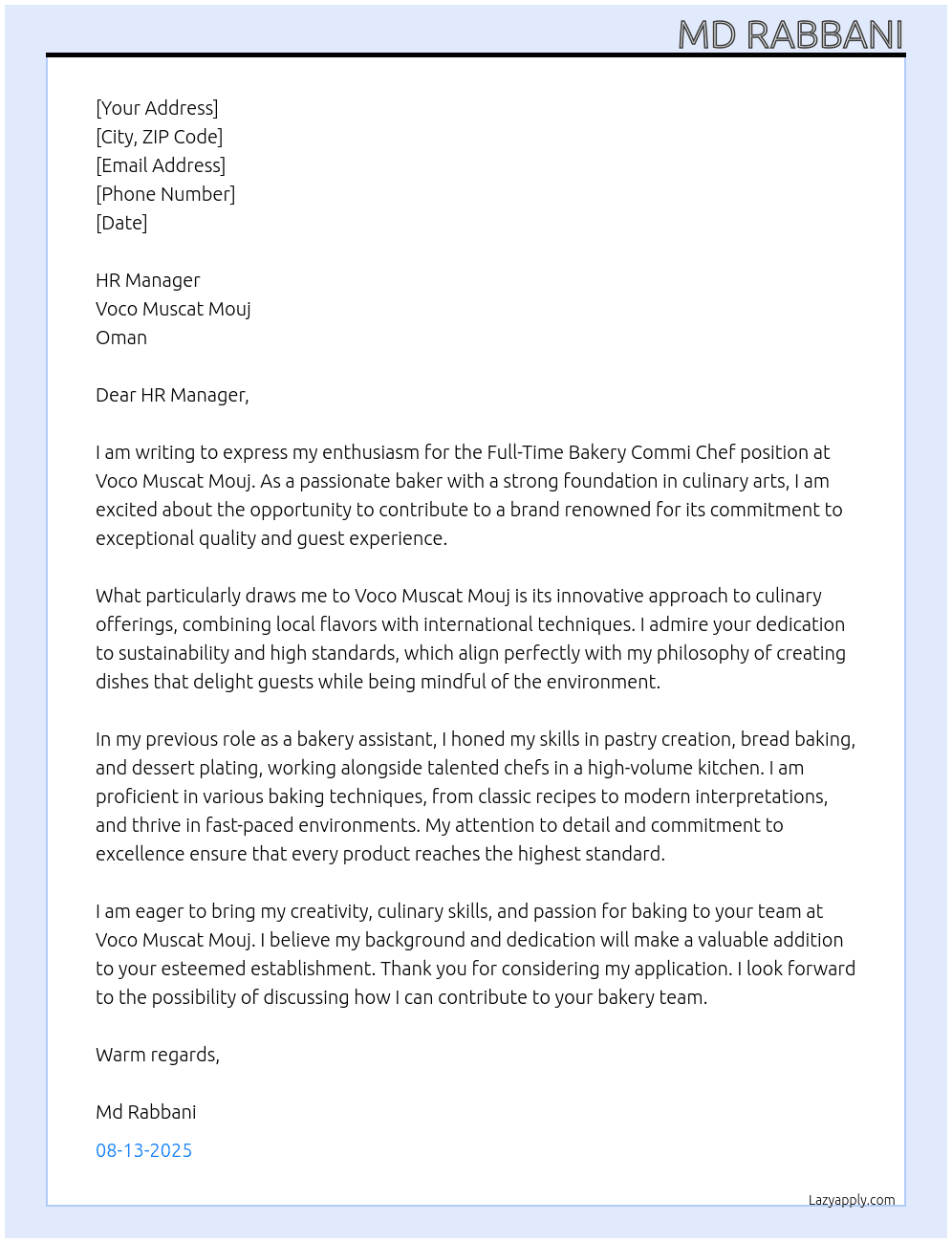 Bakery commi chef At Voco muscat mouj, oman Cover Letter