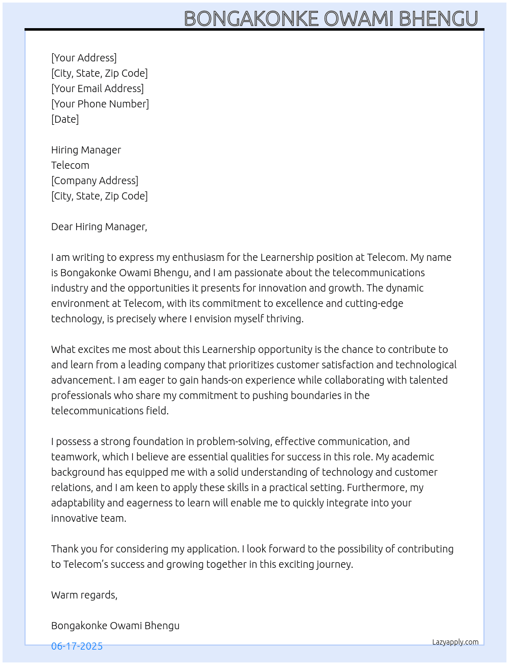Learnership At Telecom Cover Letter