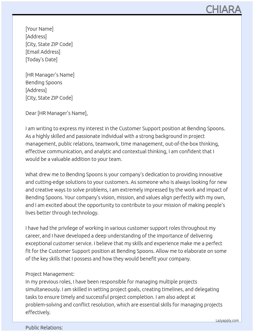 Customer Support At Bending Spoons Cover Letter