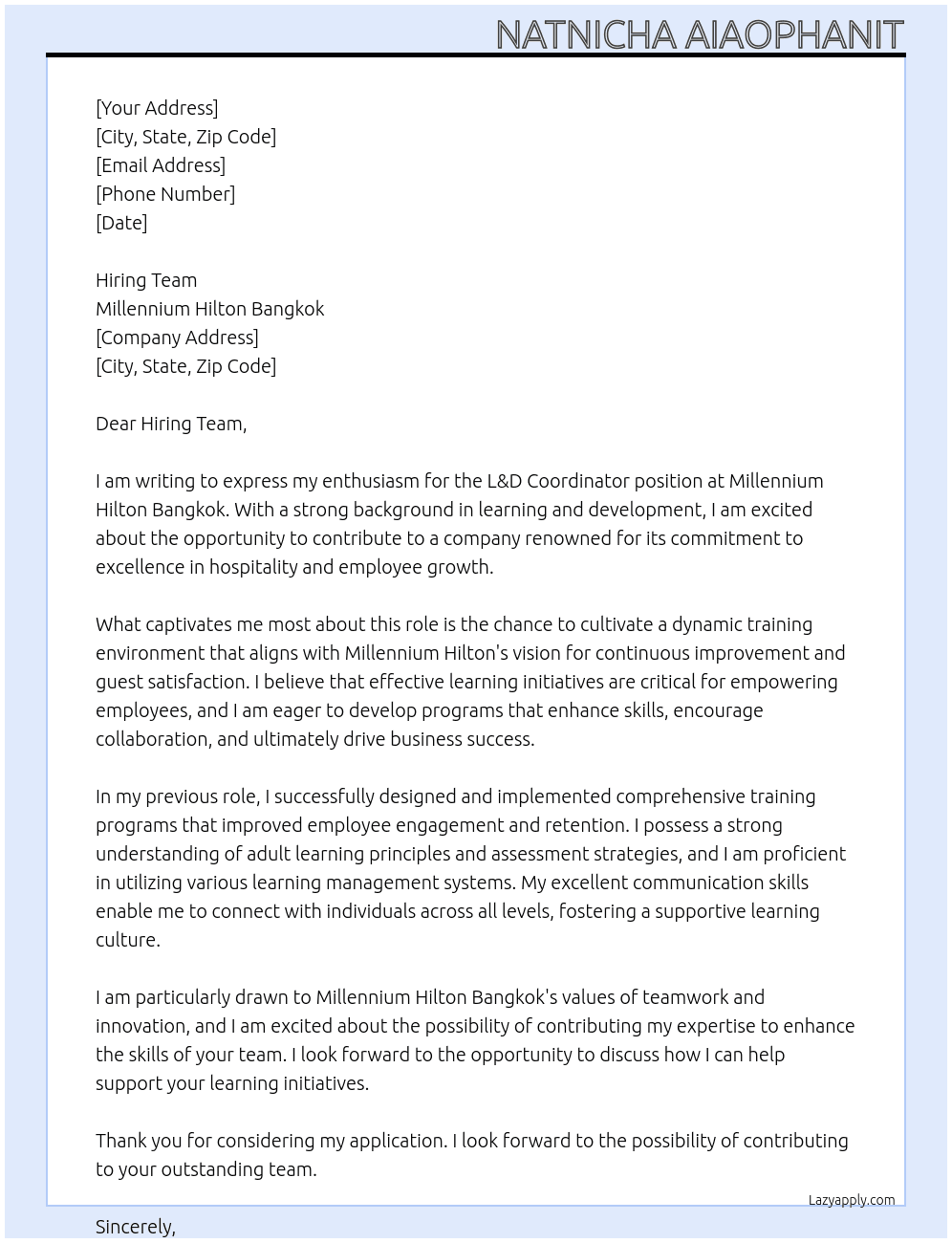 L&D Coordinator At Millennium Hilton Bangkok Cover Letter