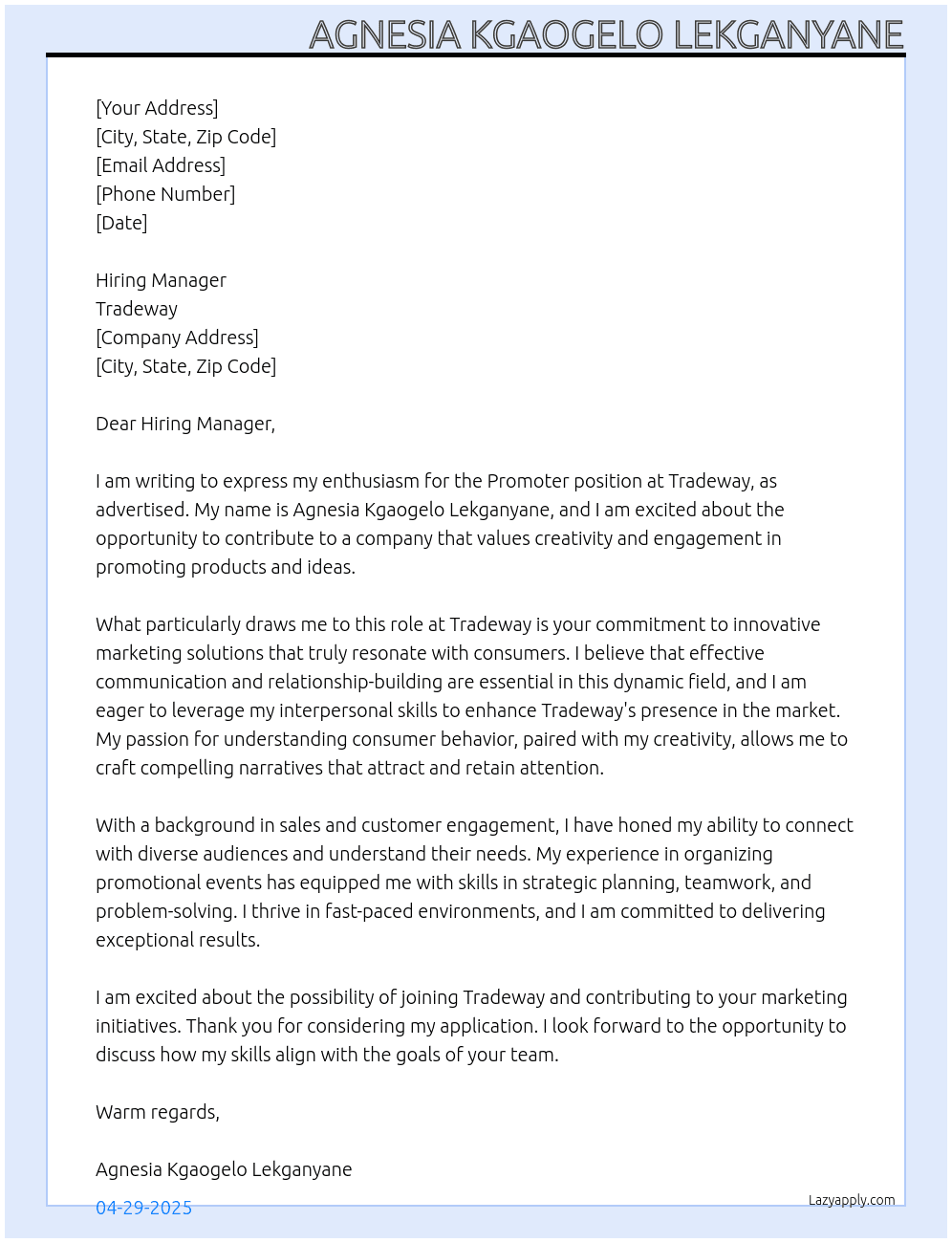 promoter At Tradeway Cover Letter
