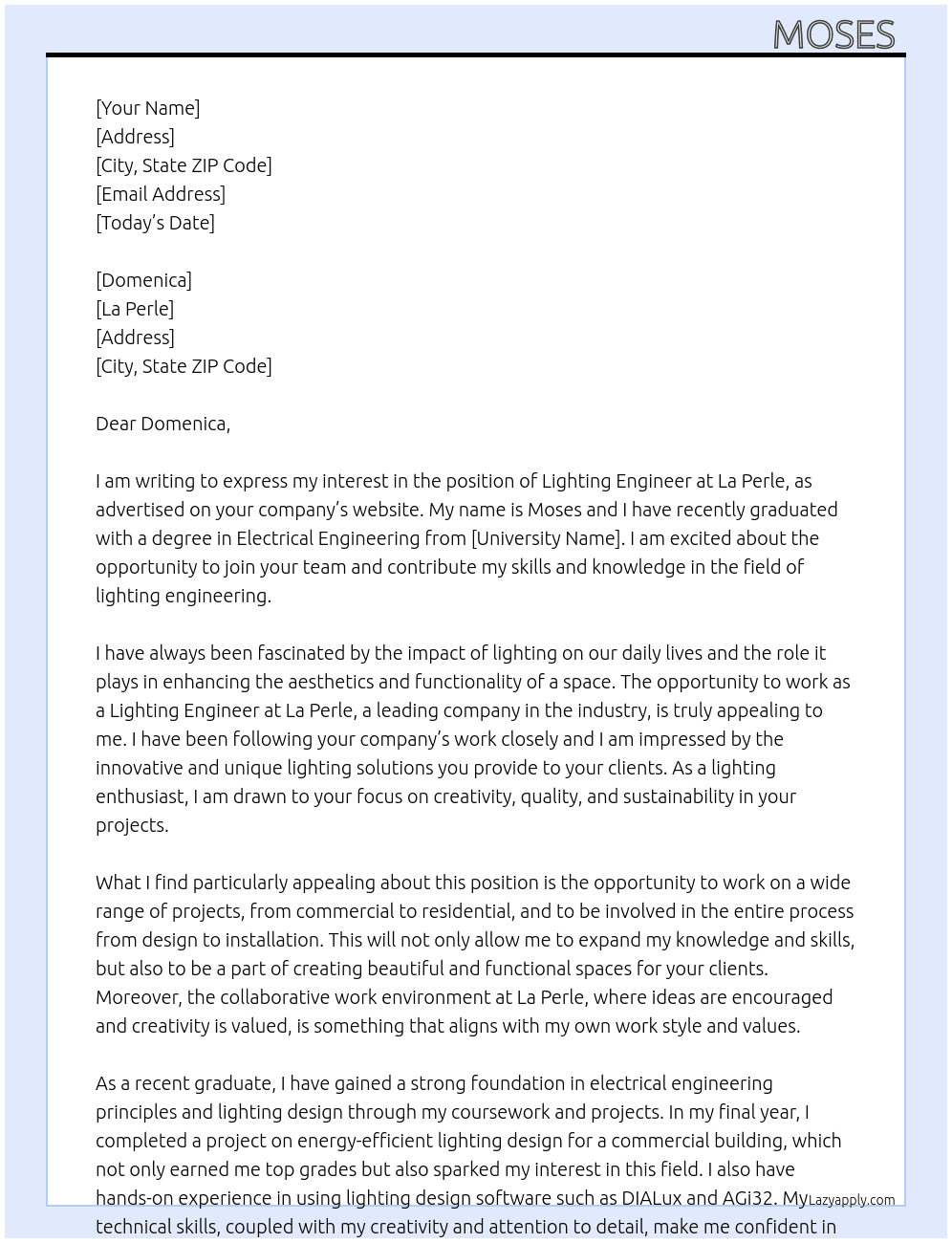 Lighting engineer  At La Perle Cover Letter