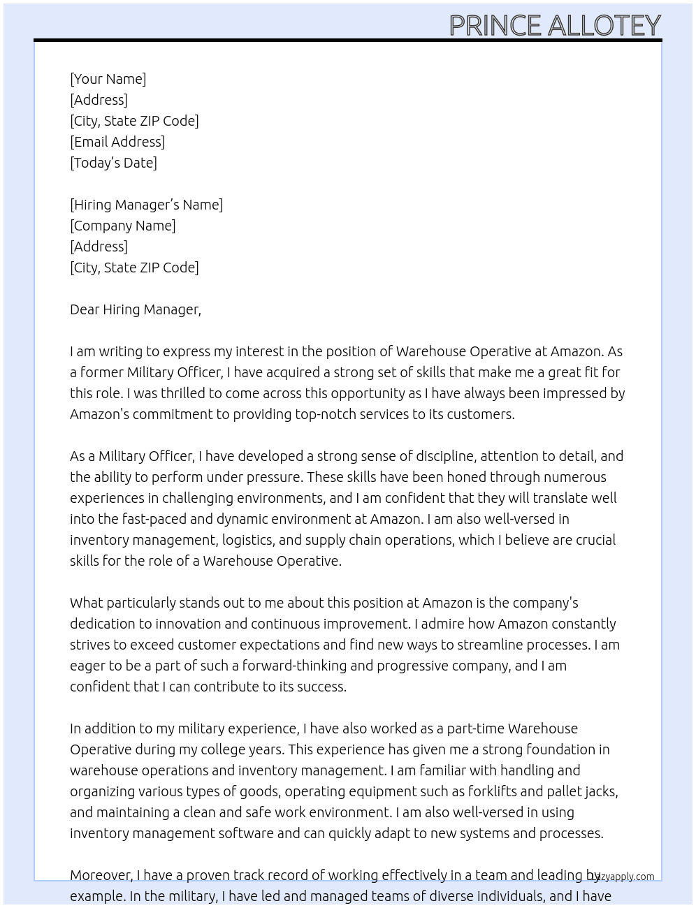 Warehouse Operative At Amazon Cover Letter
