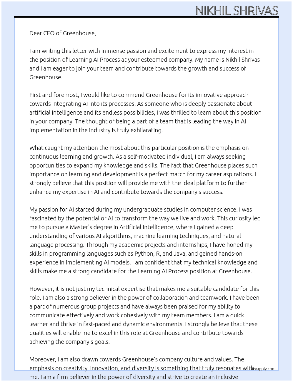 Learning AI process At Greenhouse Cover Letter