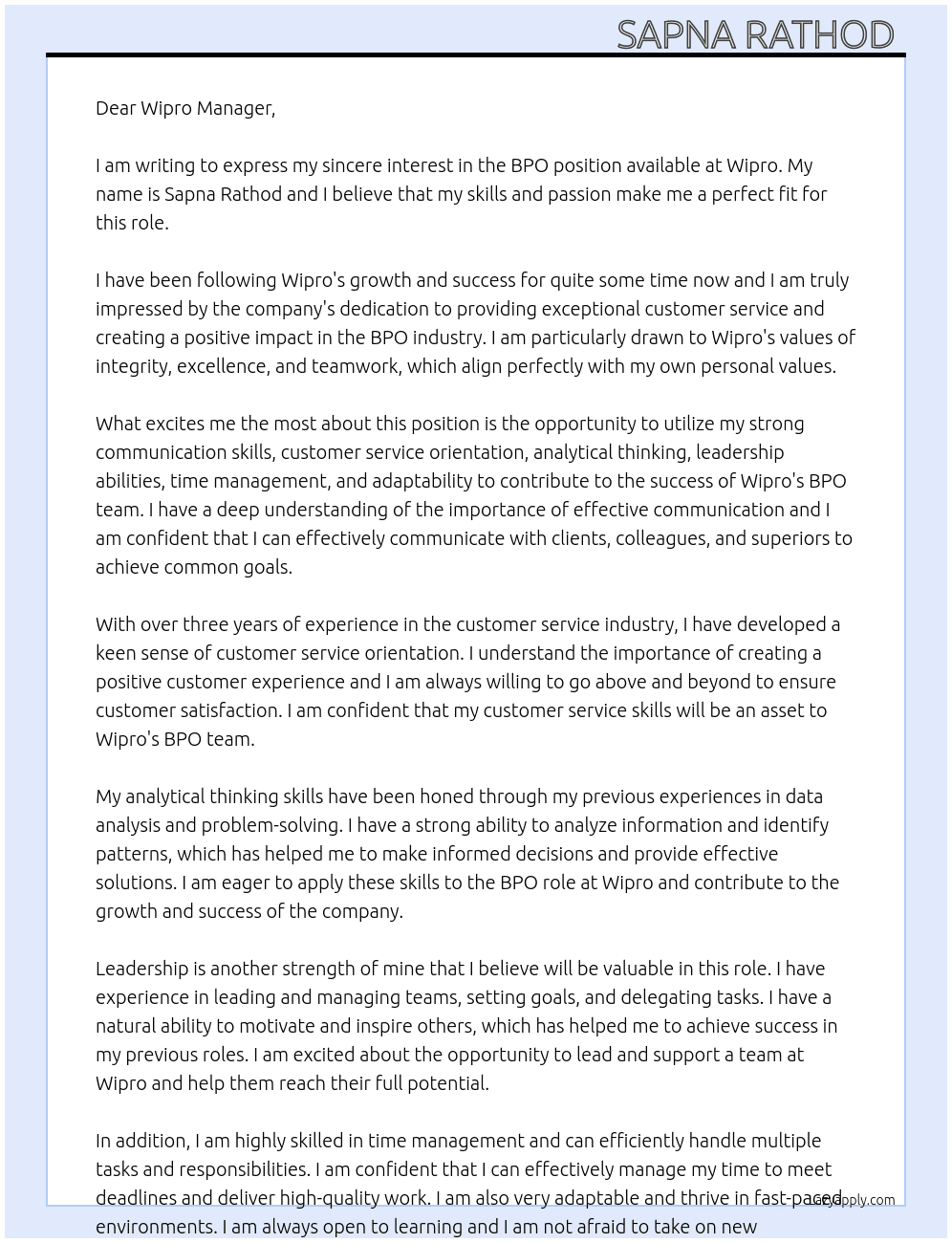 BPO  At Wipro  Cover Letter