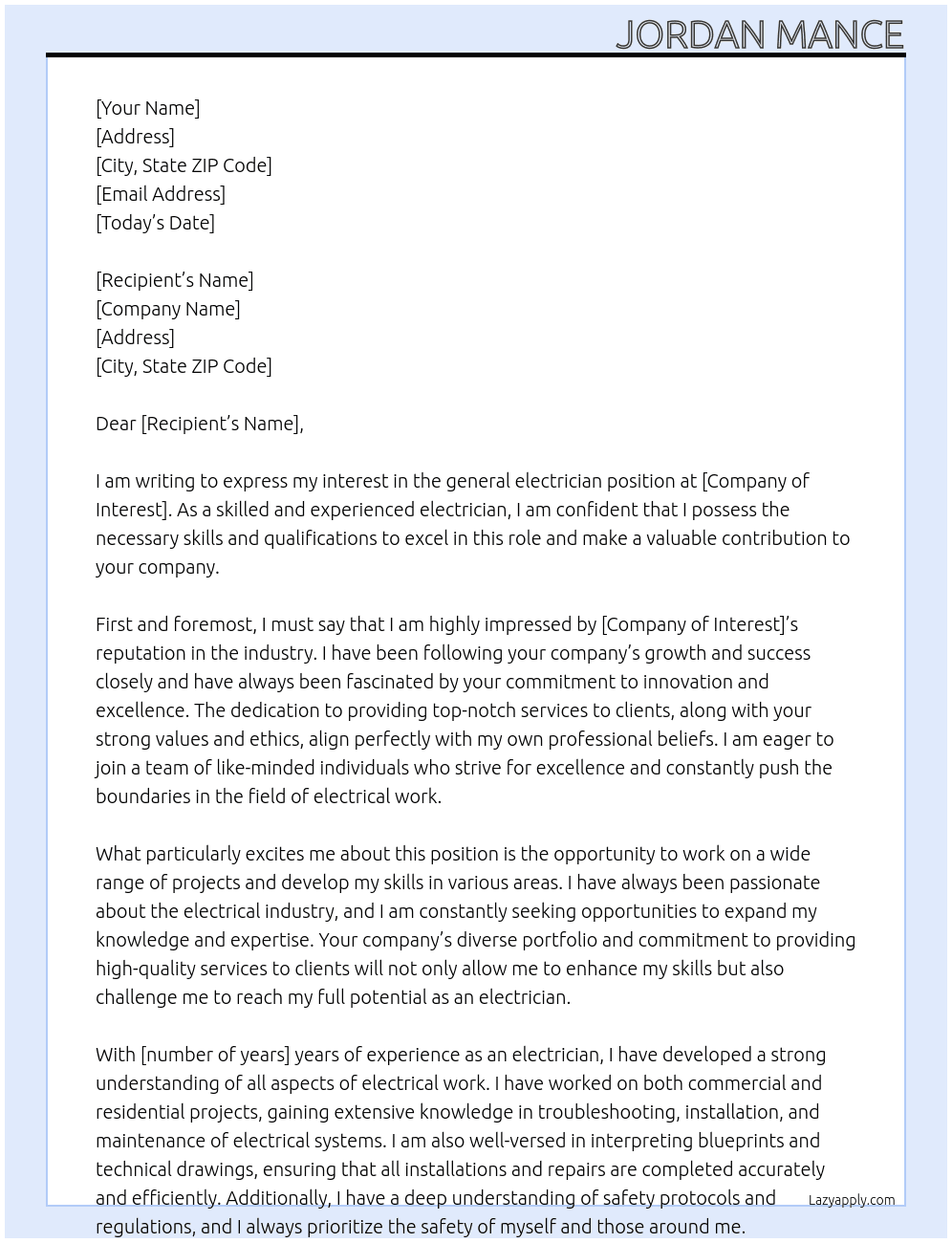 general electrician At company of interest Cover Letter