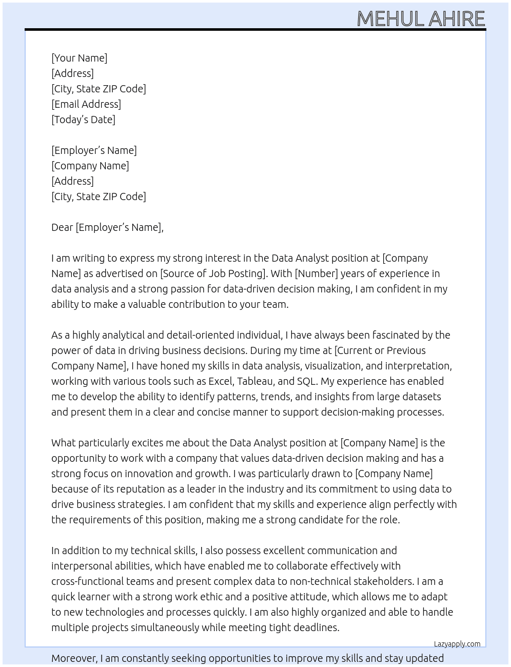 data analyst At dear Cover Letter