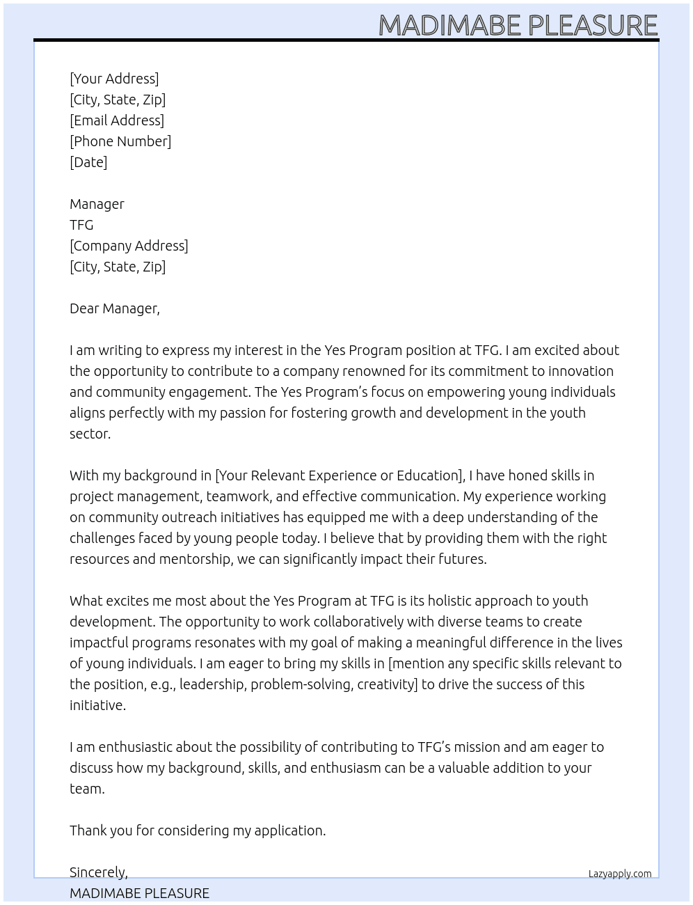 Yes Program At Tfg Cover Letter