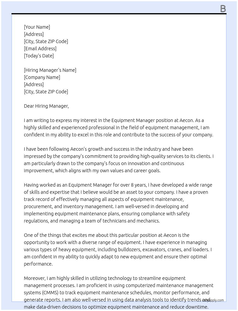 Equipment Manager At Aecon Cover Letter