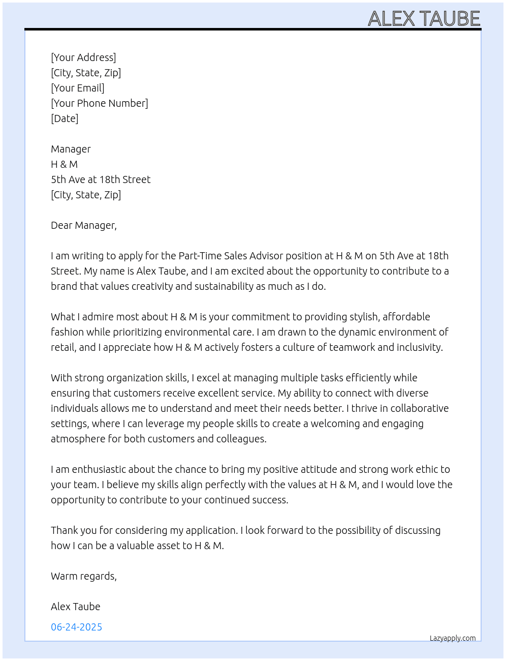 Sale Advisor At H & M Cover Letter