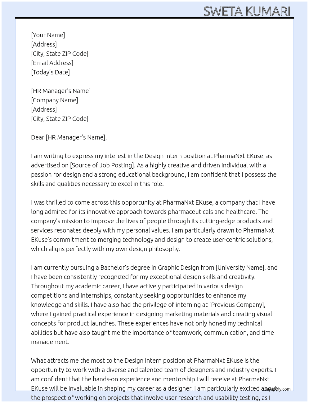 Design Intern  At PharmaNxt EKuse  Cover Letter