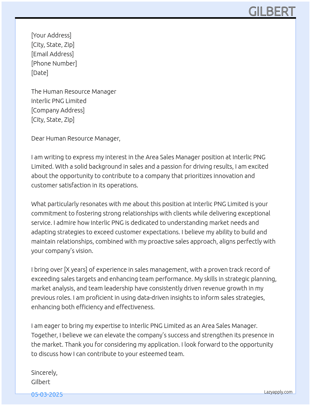 Area Sales Manager At Interlic PNG Limited Cover Letter