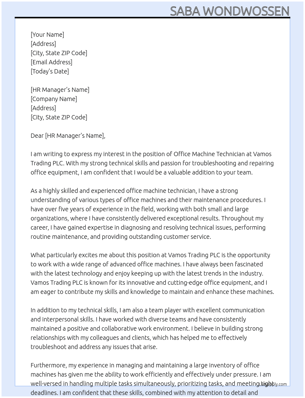 office machine technician  At vamos trading plc Cover Letter