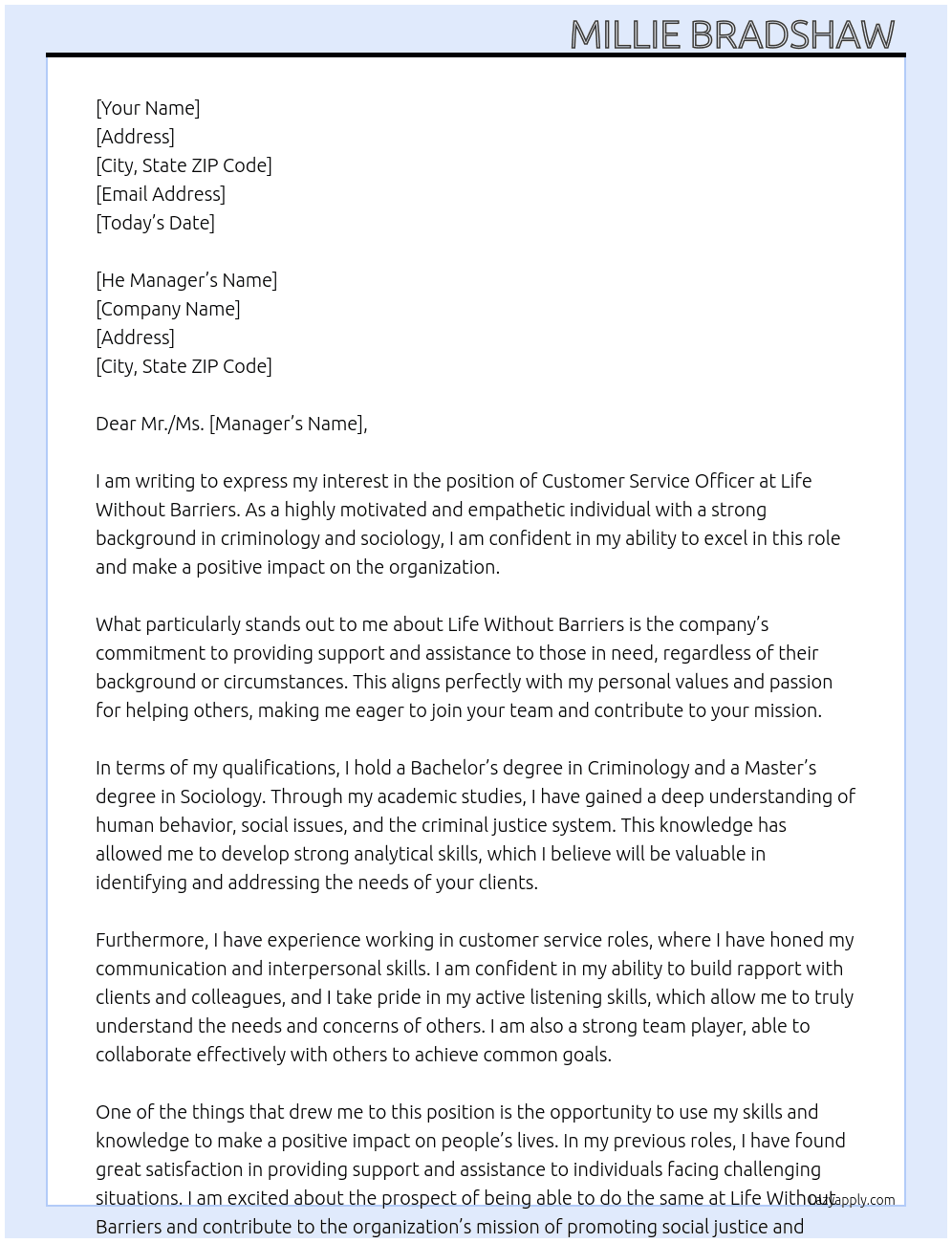 Customer Service Officer At Life Without Barriers  Cover Letter
