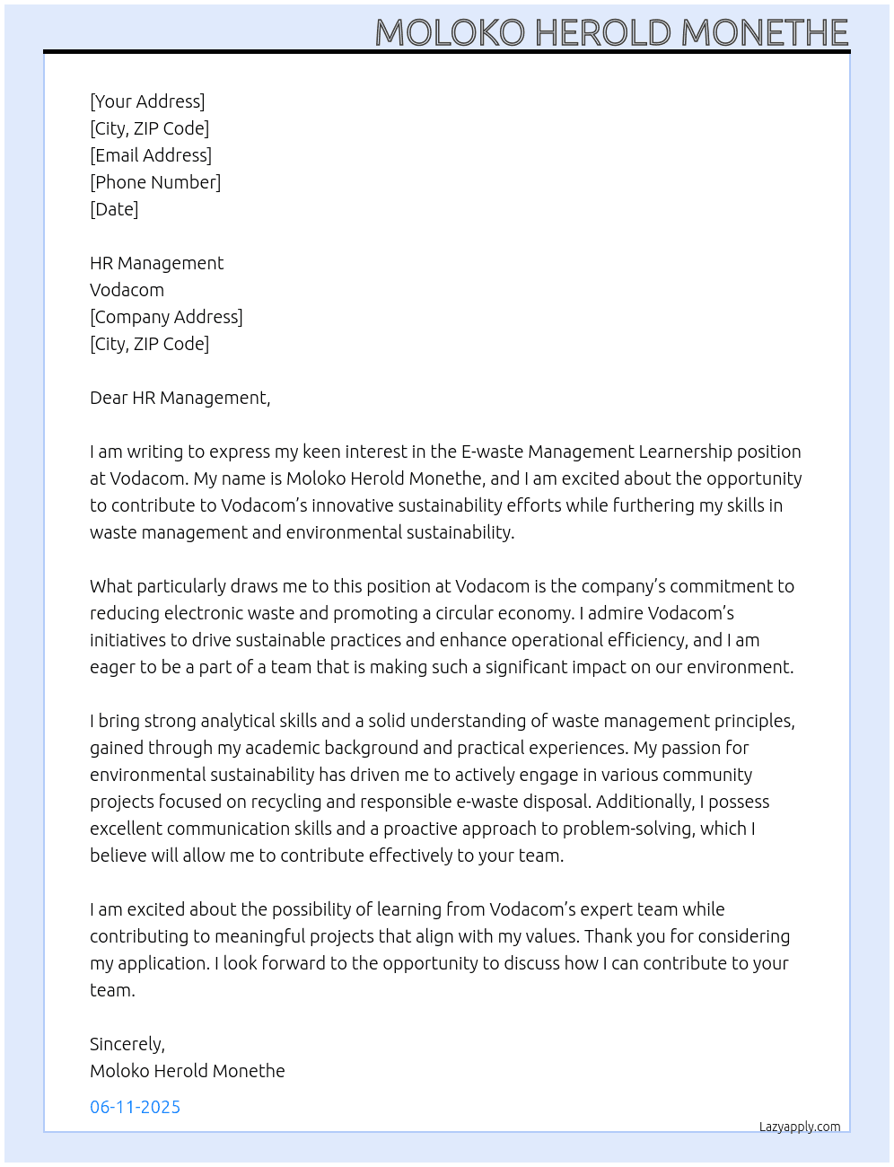 Cover letter for e-waste management learnership - LazyApply