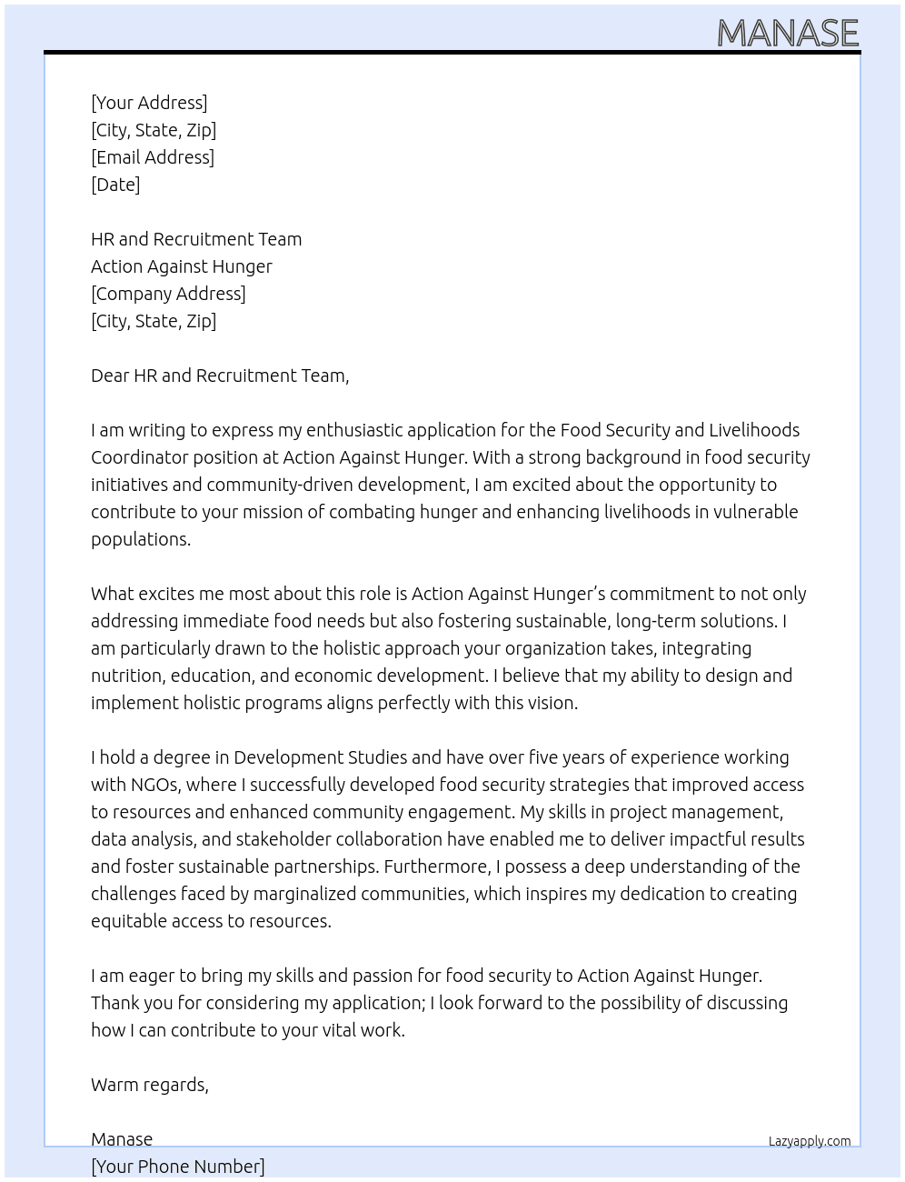 Food Security and Livelihoods Coordinator  At Action Against Hungrr Cover Letter