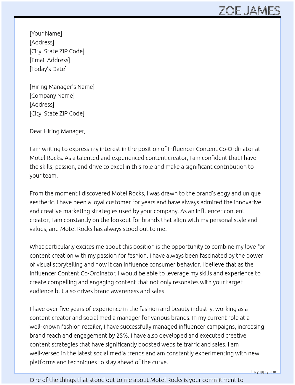 Influencer Content Co-Ordinator At Motel Rocks Cover Letter