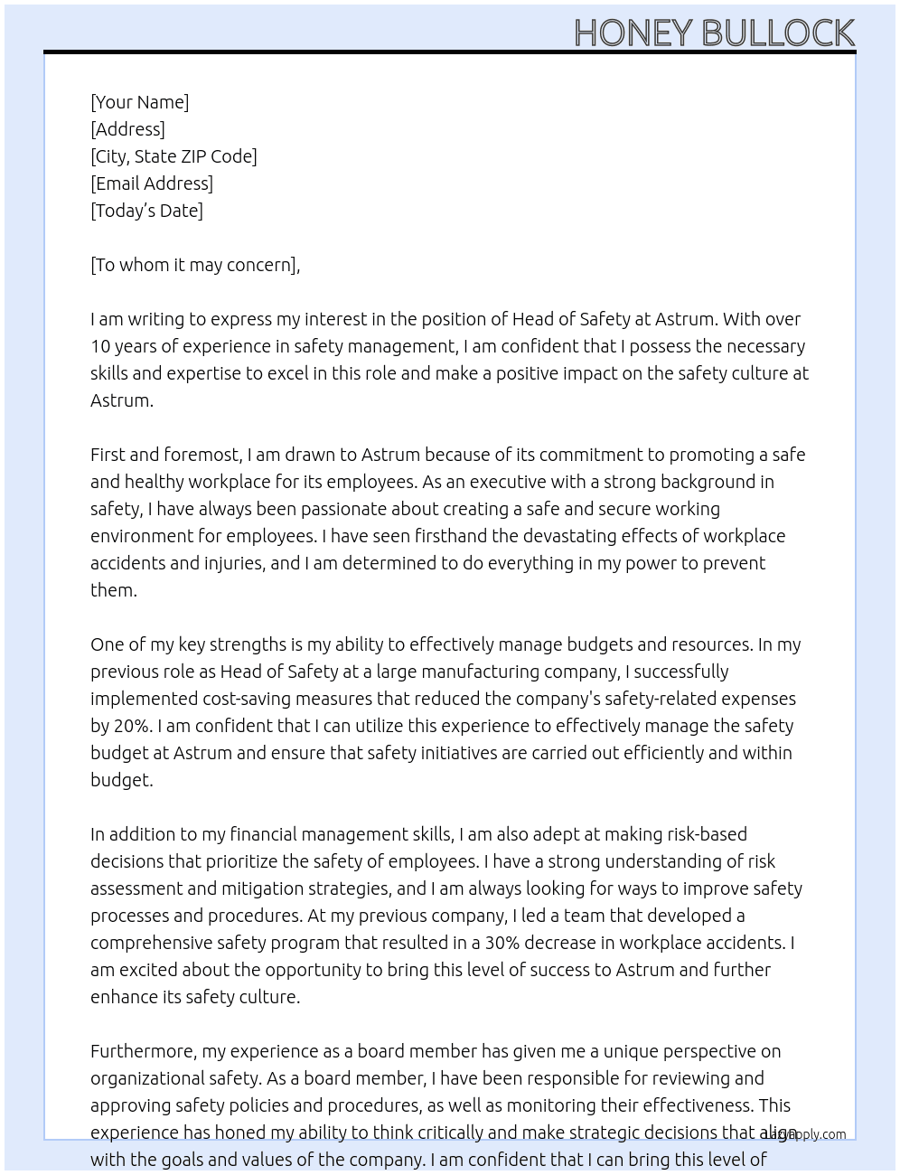 Head of Safety At Astrum Cover Letter