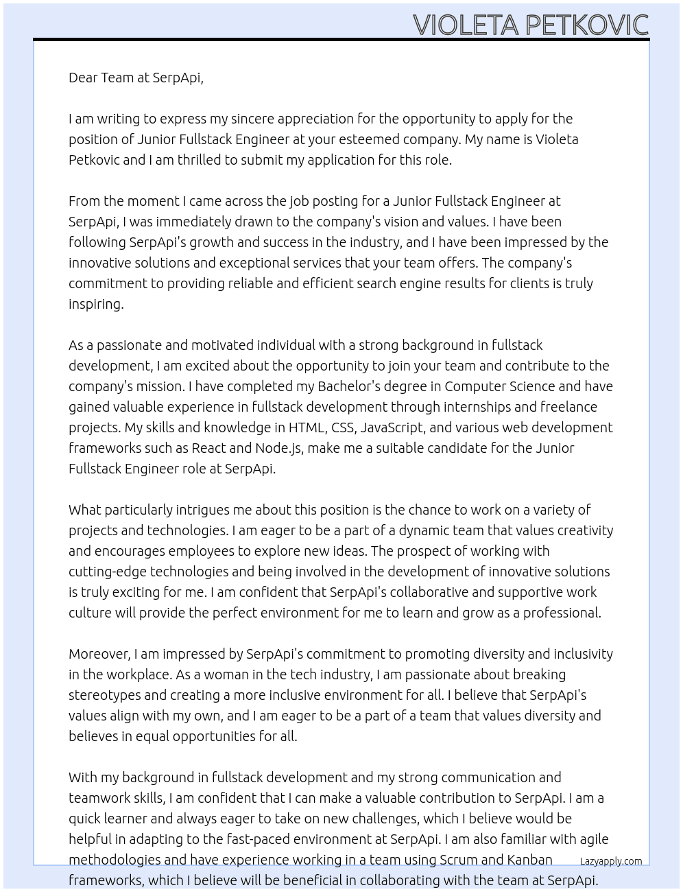 Cover letter for junior fullstack engineer - LazyApply