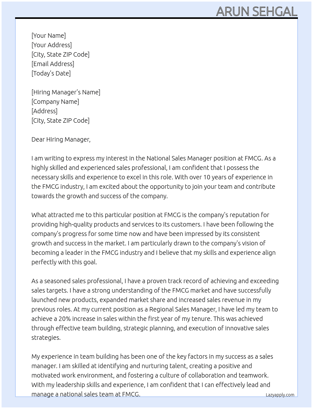 National Sales Manager At FMCG Cover Letter