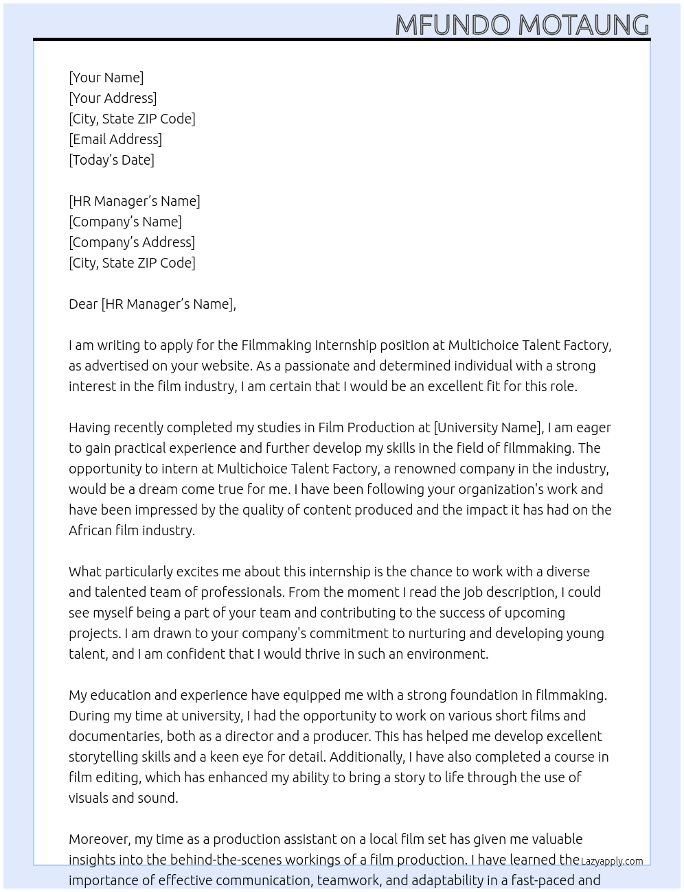 Cover letter for filmmaking internship - LazyApply