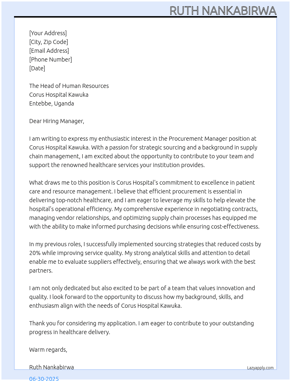 Cover letter for procument manager - LazyApply
